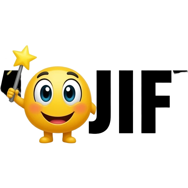 Black text "EMOJIFY" is stretched in height and width. Letter "O" is a smiley face with a magic wand. Transparent background. emoji