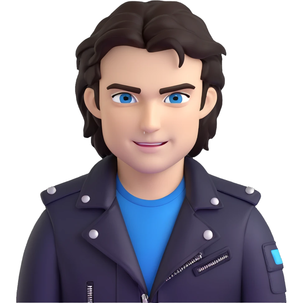 Damon Salvatore as a vampire with dark tousled hair, blue eyes, fangs, signature smirk, leather jacket, confident vibe emoji