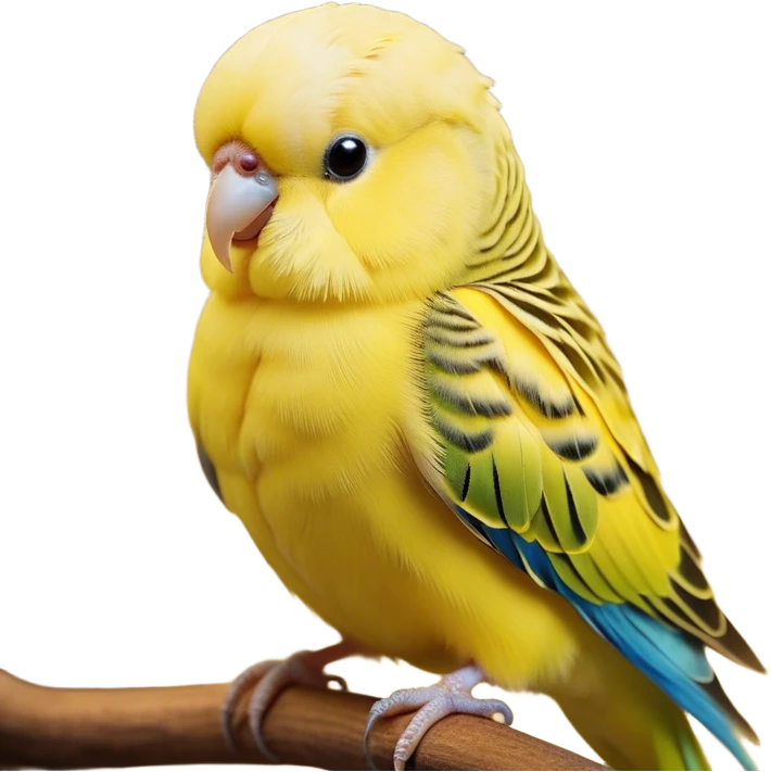 Cinematic Noble Yellow Budgie Portrait Emoji, Poised and regal, with a petite, delicate build and a smooth, well-groomed fur of brilliant yellow feathers, deep-set soulful dark eyes, Simplified yet sharp and sophisticated features, highly detailed, glowing with a soft, dignified glow, high shine, intelligent and charming, stylized with an air of elegance, focused and attentive, soft glowing outline, capturing the essence of a watchful and confident avian companion, so majestic it feels as though it could flutter out of the screen with effortless authority! emoji