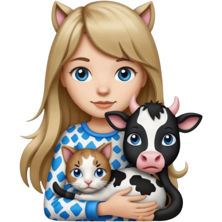 Apple-style emoji sticker of a young woman with long dark blond hair and bang, blue eyes , holding a cat black and white like a cow patch on her chest.  emoji