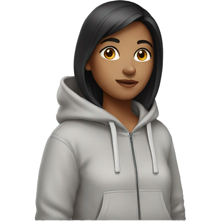 girl with black hair wearing light gray hoodie  emoji
