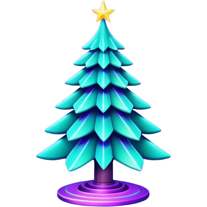 Futuristic glowing Christmas tree emoji with neon decorations, purple and cyan holographic glow, dark background, festive sparkles, no face. emoji