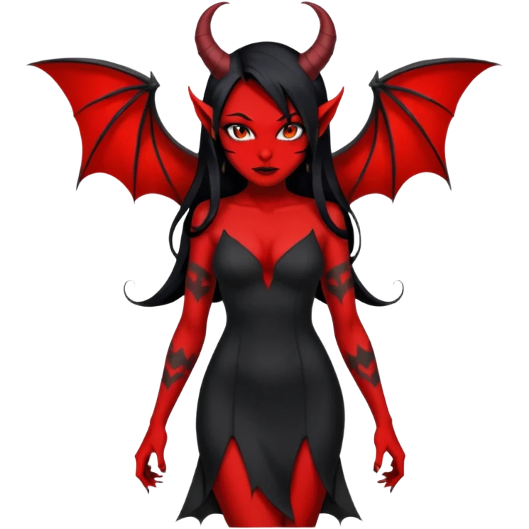 Full red-skin demon girl (entire body red), long black hair, small red horns, pointed ears, single bat wing, black open-back dress, bold tattoo-flash comic linework, red/black/gray, dark background, no text. emoji