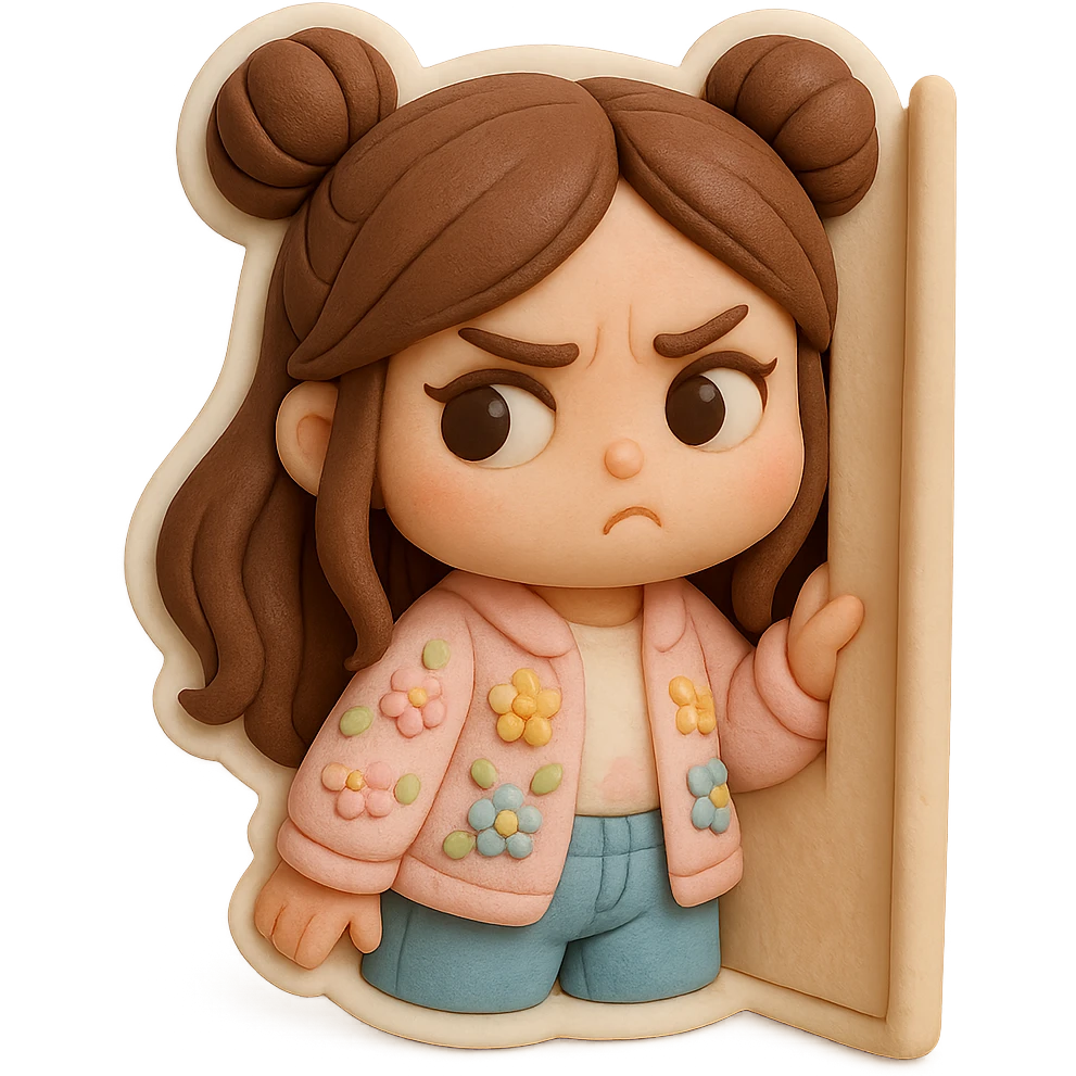 3D chibi fondant cake art style, high-quality rendering with smooth shadows and soft gradients. Girl with long brown hair in two space buns, brown eyes, jeans, pastel floral cardigan, thick white outline like a sticker, transparent background. Peeking suspiciously from behind a corner, preserve facial features. emoji