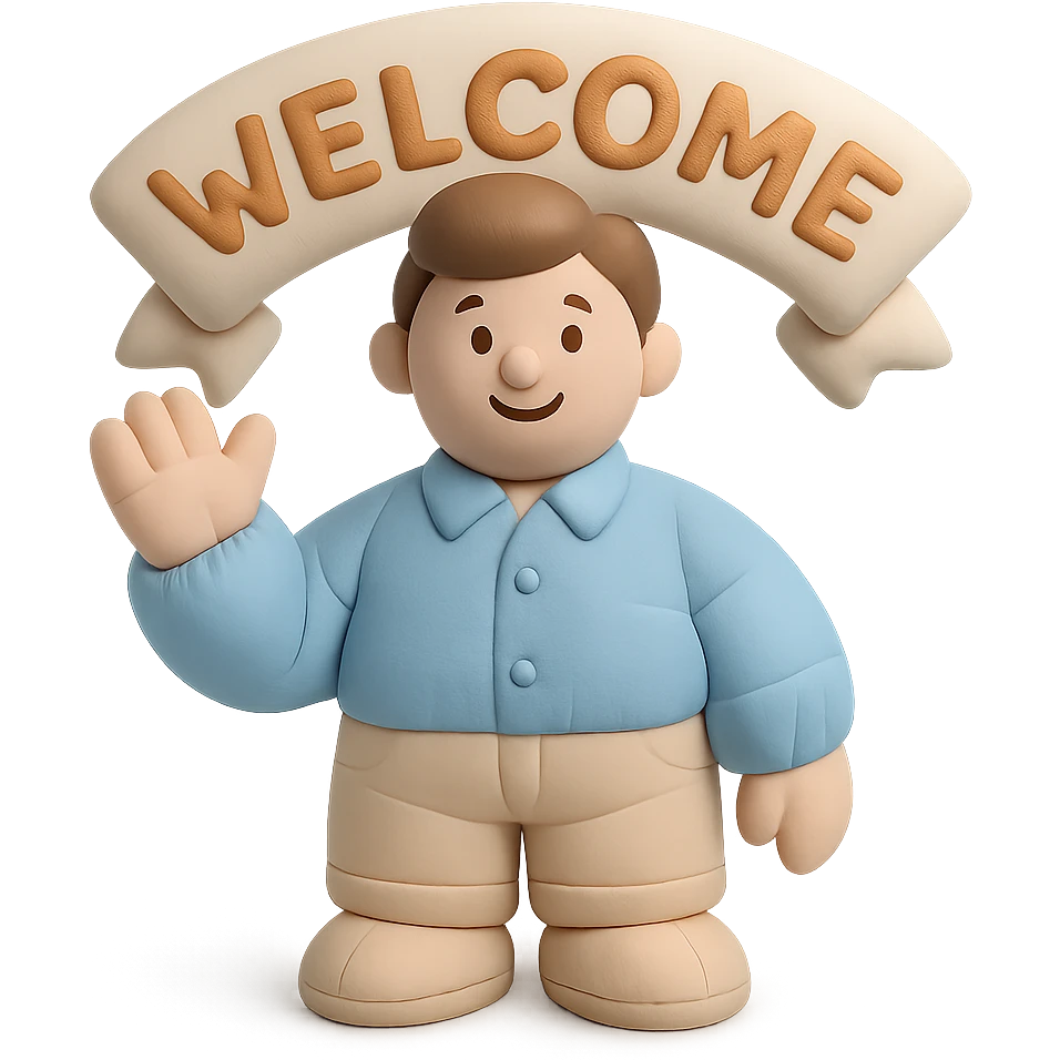 human character, center-frame, casual smart clothing in pastel blues, pinks, and neutrals, warm smile, one hand raised in a wave, stylized 'Welcome' banner behind, isometric perspective, soft diffuse studio lighting, subtle shadows, light depth of field, smooth rounded shapes, realistic skin texture, clean polished surfaces, modern minimalistic setting emoji