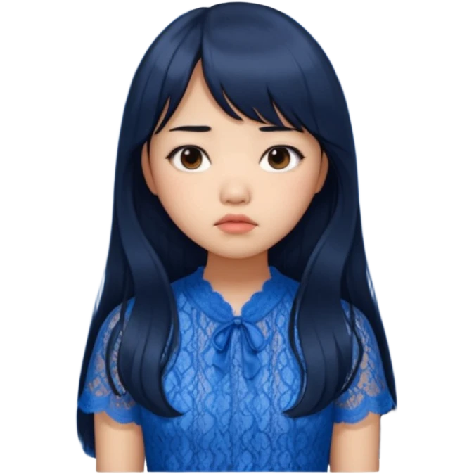 Long hair asian girl with curtain bangs with a blue lace top on with sad expression emoji