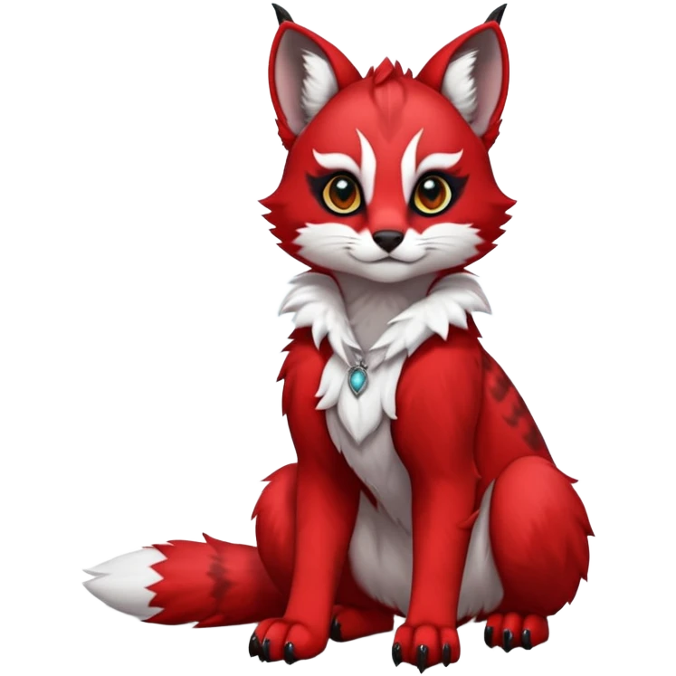 Cute kawaii cool edgy badass  bright cherry-red fur with clean snow-white chest and muzzle fantasy-caracal-civet-genet-sergal-vernid-Gryphon-Cacomistle-Trico-oncilla-animal-Fakémon-hybrid-fursona (full body), facial markings, (realism style) emoji