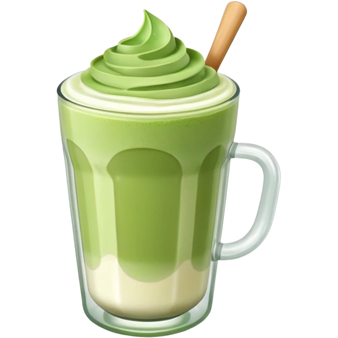 Matcha latte glossy 3D en vaso de vidrio minimalista, realista, estilo sticker, sin cara ni rasgos humanos, capas matcha y leche suaves, espuma ligera arriba, reflejos sutiles, fondo transparente. emoji