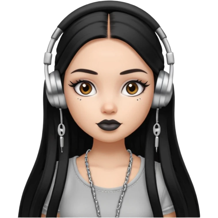 generate a pretty bratz girl with black long straight hair and silver headphones on, brown lipstick tattoo on shoulder, eyeliner on, silver hoops emoji