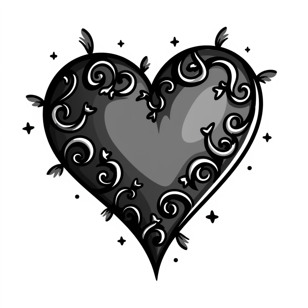 black gothic heart, ornate, dark, elegant, hand drawn doodle style emoji