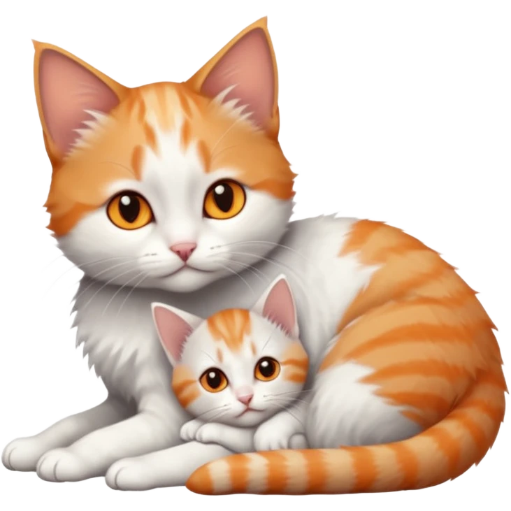 full body of very small + skinny ginger and white kitten with deep orange eyes and triangular shaped face lying down cuddling a grey and white kitten who is a bit bigger than him emoji