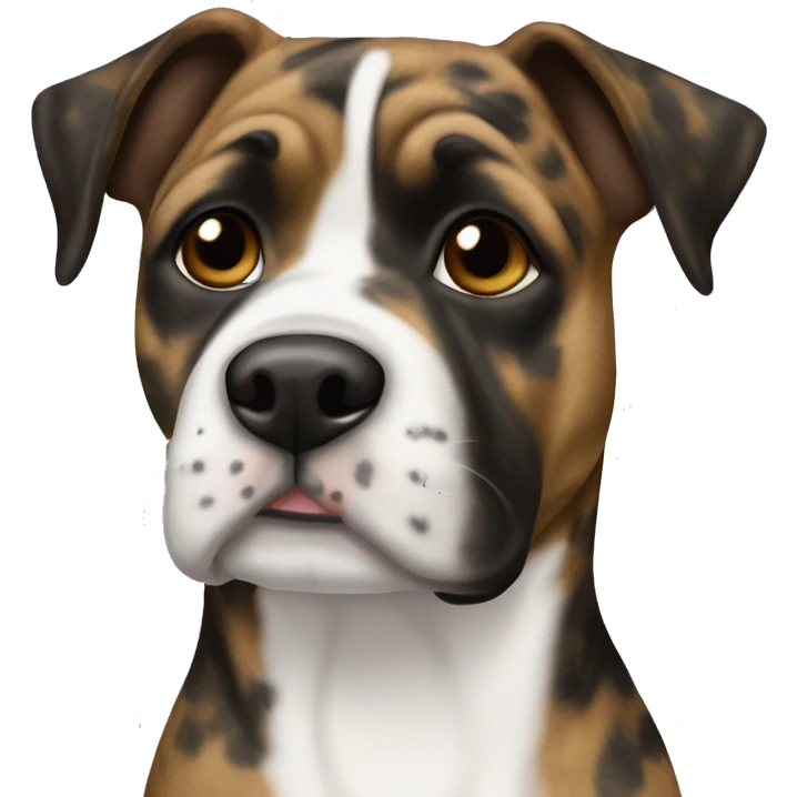 Black and blonde brindle with white chest, brown eyes, female American Staffordshife terrior emoji