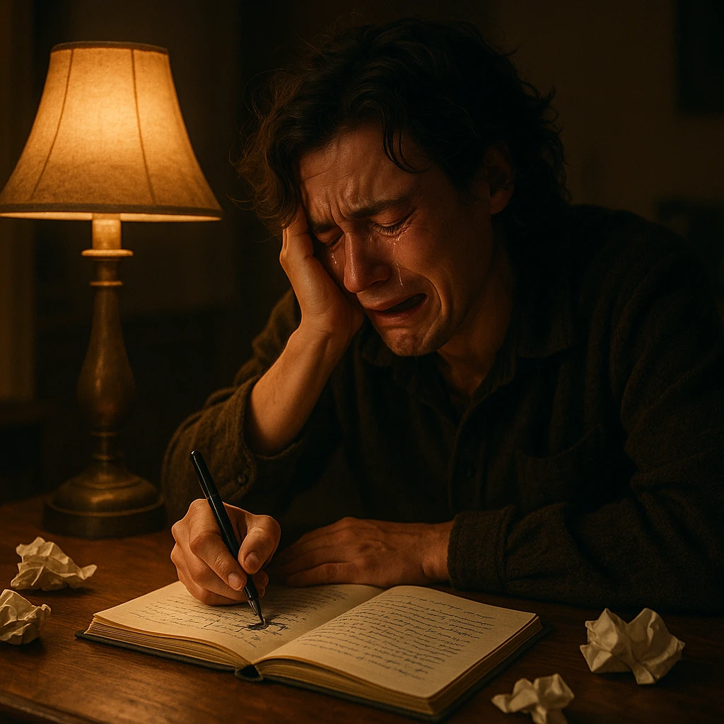 A cinematic scene: writer at a wooden desk, crying as they write in a notebook. Warm lamp, dim room, crumpled papers scattered. Tears smudge ink, emotional and artistic atmosphere. emoji
