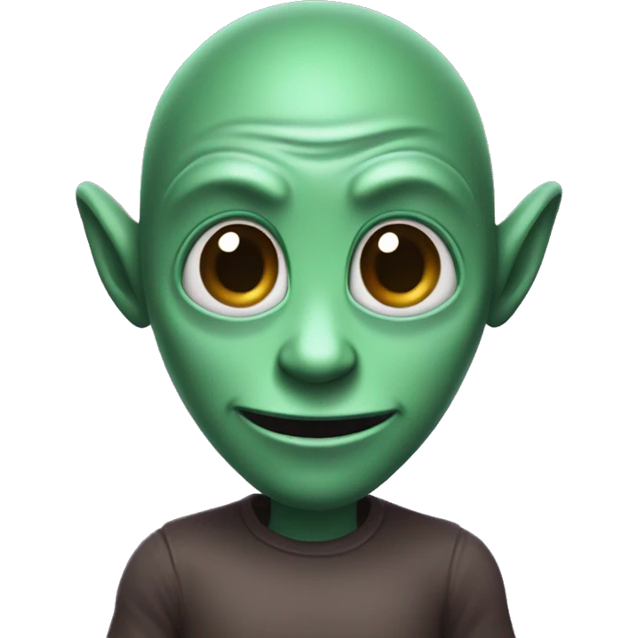 a darkgreen alien with brown hair, and purple eyes, with a modest smile, show hello with his hands,  emoji
