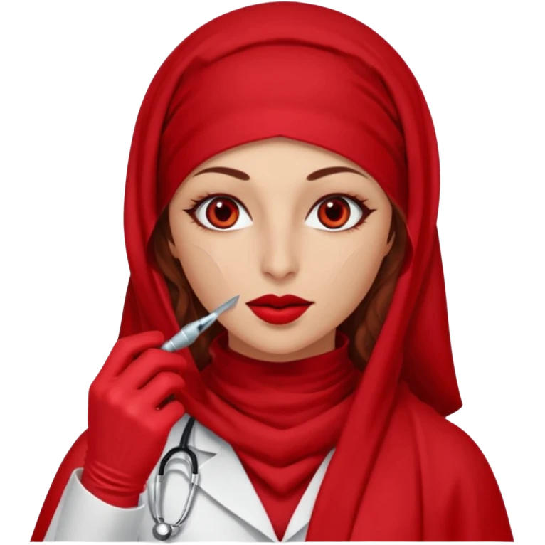 Lilith scalpel in hand, evil surgeon outfit.  She has red eyes. She has dark brown curly hair. Hair is long . Wears sexy doctor outfit with red gloves. Covers nose, neck and mouth with Muslim red burka emoji