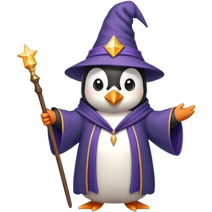 penguin wearing wizard hat and robe holding a magic wand emoji