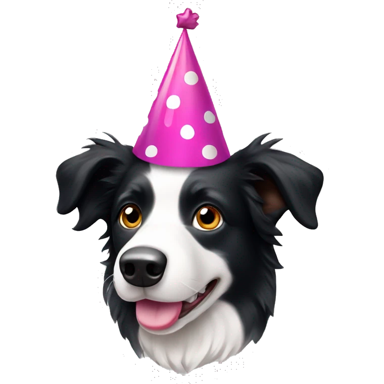 A black and white Border Collie with black spots wearing a party hat.   emoji