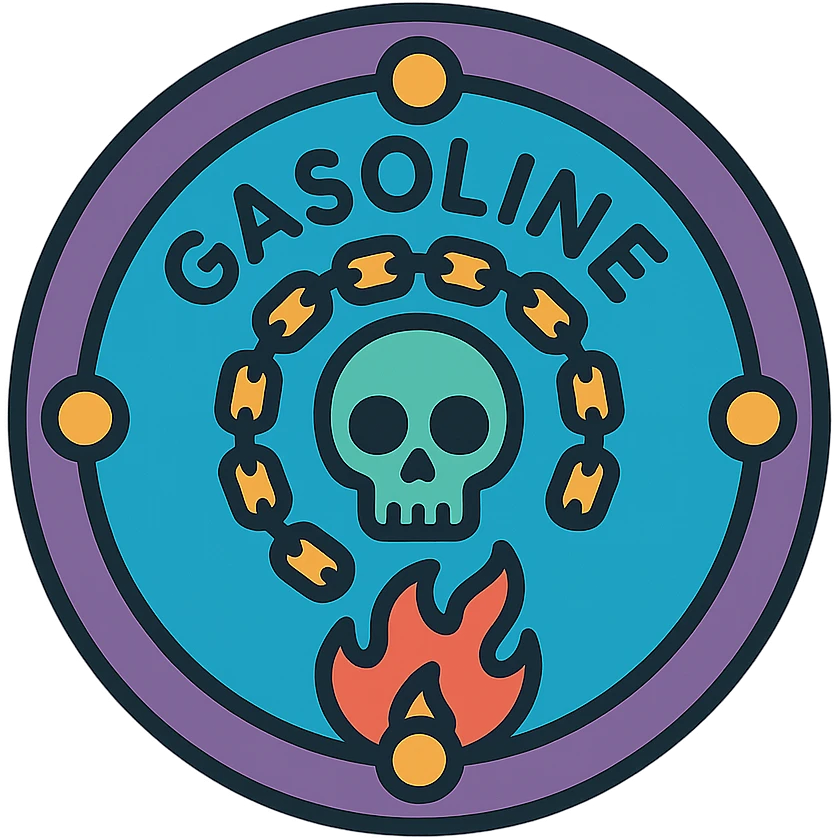 circular motorcycle gas cap design, transparent background, text 'GASOLINE', motif: skull, chain, flame, cool style emoji