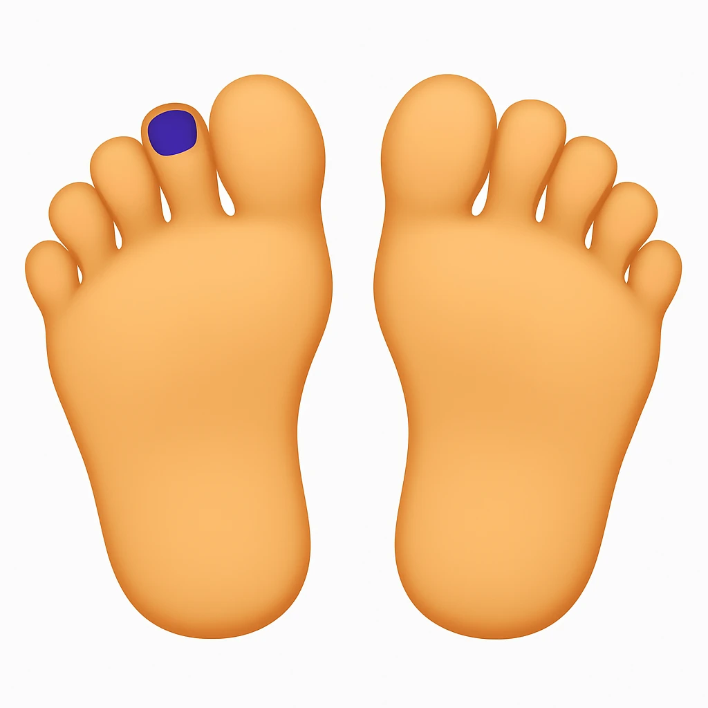 Create a simple and playful realistic emoji style image of two feet viewed from the top, soles facing forward, with a clean emoji look. The image should be non-explicit and match the reference photo's perspective and style. emoji
