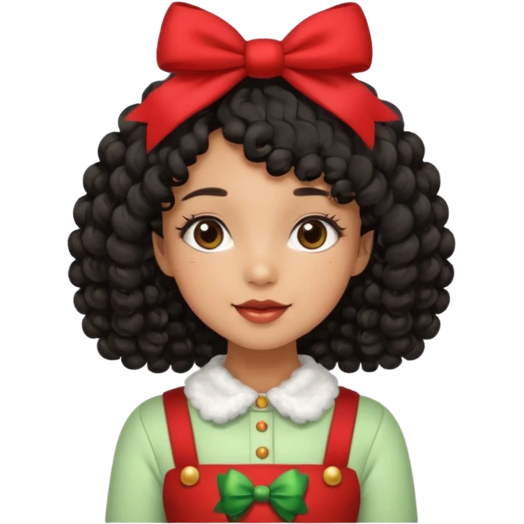cute girl tan skin, curly black hair chin length, middle part, long eyelashes, cute cheeks, 5'2, outfit croquette style with bows and christmas theme emoji
