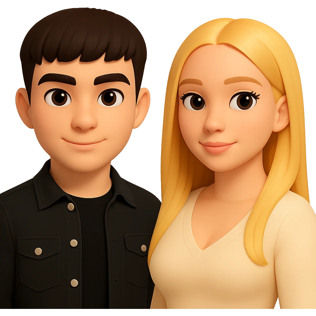 Slightly increase the volume of the upper body of the girl, separate the girl and the boy from each other, make the skin color the same for both characters. Maintain the cartoonish 3D style as in the reference image. Keep the background transparent. emoji