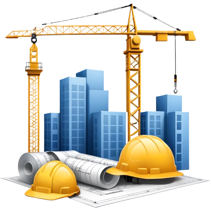 An icon featuring a blueprint, a hard hat, and a measuring tape, symbolizing architecture and construction. The design includes a building silhouette, cranes, and construction tools, representing the planning, design, and building processes. Transparent background. emoji