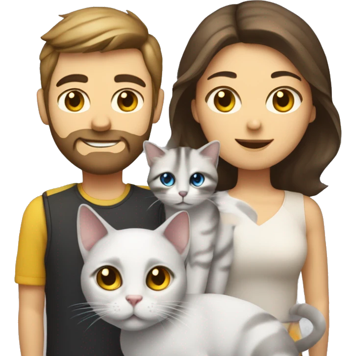 Family emoji: 1 man with brow eyes brown hair and brown beard,1  woman with blue eyes and brow hair, a black and white cat with yellow eyes and is a car with red gray and white color and yellow eyes emoji