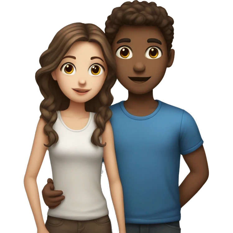 a girl with brown hair and dark eyes kissing on cheek a boy with fair hair and blue eyes emoji