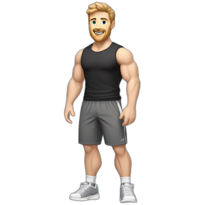 Full height Pale skinned fit man With biceps, Realistic eyes and mouth, light brown hair and stubble In dark gray sleeveless mike, black oversize sports shorts, watch and white sneakers. emoji