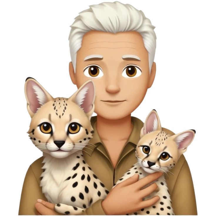 Man with white hair holding one African serval emoji
