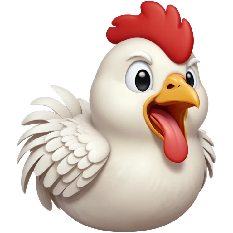 Cinematic Cute Yawning White Chicken Portrait Emoji, Head tilted slightly with a dramatic, wide-open yawn, showcasing a soft, fluffy white plumage with a crisp red comb and drooping wings, round beady eyes barely open in drowsy contentment, Simplified yet irresistibly adorable features, highly detailed, glowing with a soft, cozy glow, high shine, relaxed yet expressive, stylized with a touch of whimsy, bright and endearing, soft glowing outline, capturing the essence of a sleepy yet affectionate chicken, so drowsy it feels like it could stretch out of the screen and curl up for a nap! emoji