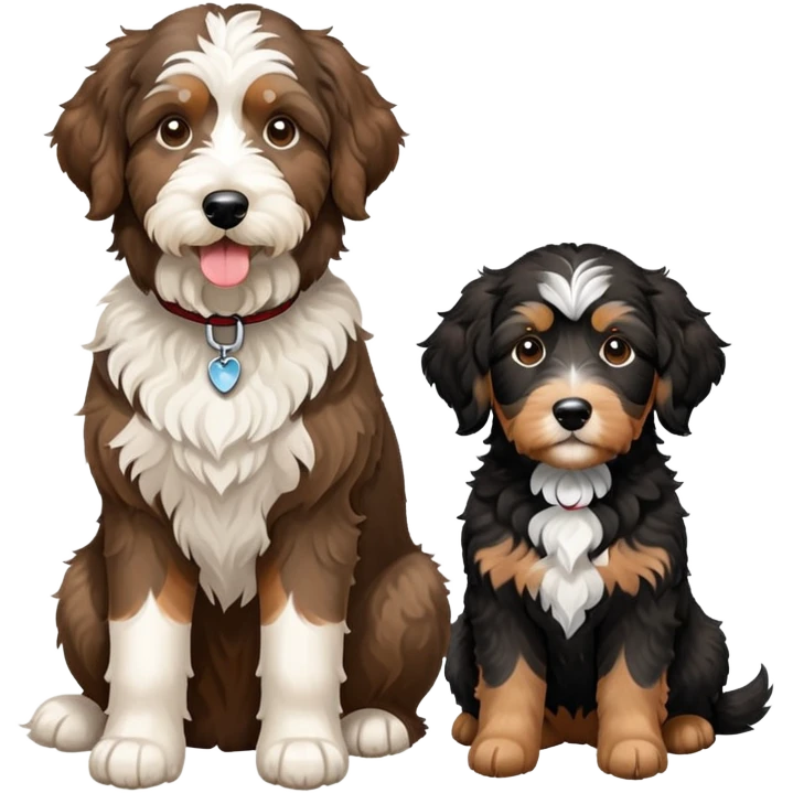 2 dogs: one light brown Aussiedoodle, one all-black Bernedoodle with white eyebrows some white markings, no brown coloring. Both same size. emoji