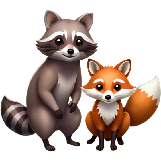 raccoon and a fox among a colorful forest with vibrant green trees, bushes and flowers. The animals are in the foreground, surrounded by a lush, bright forest, with soft sunlight filtering through the leaves. A playful photo-realistic and wild scene with a transparent background. emoji