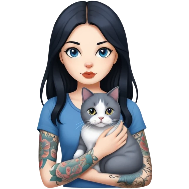 Cool girl with long black hair and tattoos holding a british shorthair blue white cat emoji