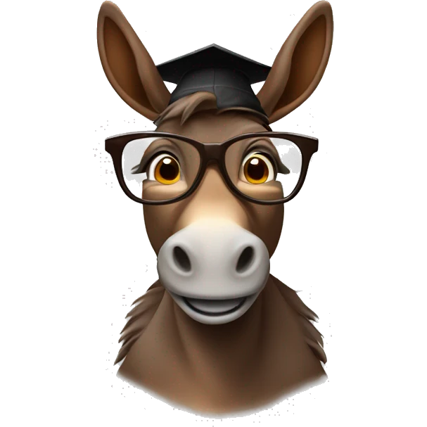 nerd brown donkey with 2 big teeth using glasses and a mortarboard emoji