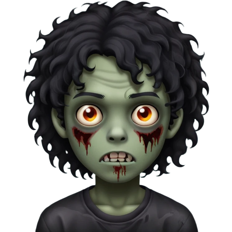 Boy, zombie, black curly wavy hair, medium long, round shaped hair, emo, dark, spooky, creepy expression emoji