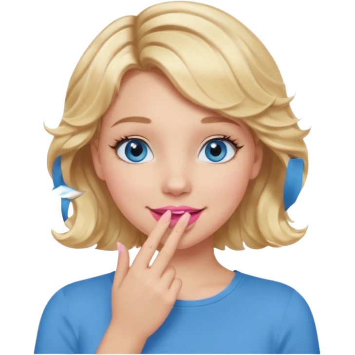 Girl Blonde short wavy hair,  blue eyes, cute blue top, long lashes, pink lips, smiling, hand covering the mouth emoji