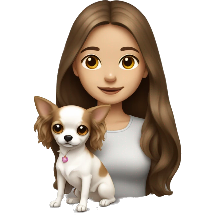 medium wavy brown hair girl with white long haired Chihuahua (with light brown ears) emoji