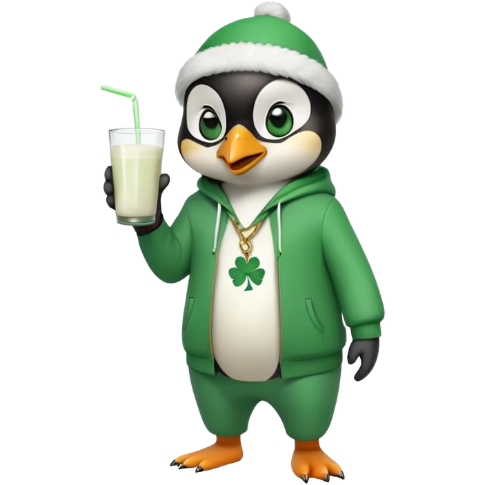 full body friendly anthropomorphised penguin wearing green mafia-style tracksuit, angry confident scheming stance, holding glass of milk, shamrock accessory emoji