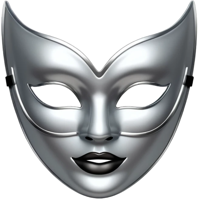 A sleek masquerade mask emoji made of polished silver chrome, smooth sensual curves, reflective metallic surface, mysterious sexy luxury vibe, minimal iOS emoji style, centered, clean white background emoji