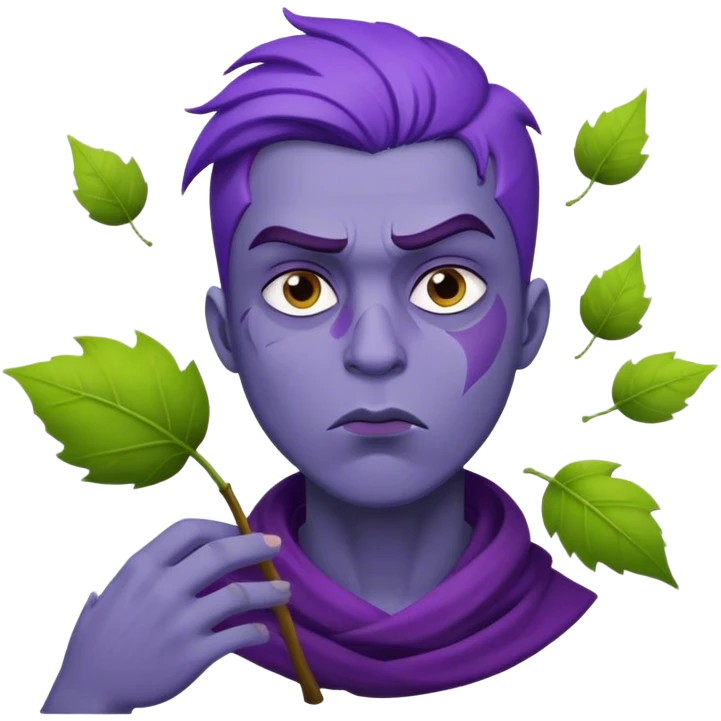 Um homem com cara de mau e roxo a soprar folhas emoji