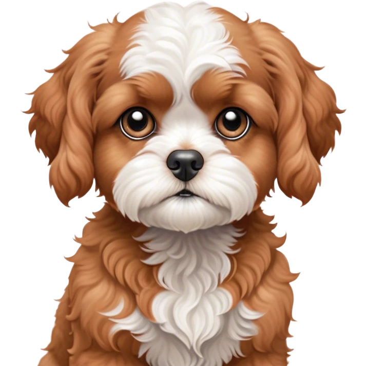 Cinematic Meme-Worthy Grumpy Apricot Cavoodle Portrait Emoji, Head held high but eyes filled with dramatic disappointment, smooth, curly apricot fur with striking white patches, deeply furrowed brow forming an unmistakable scowl, floppy ears slightly angled back in disapproval, piercing brown eyes glaring with pure exasperation, Simplified yet hilariously over-exaggerated features, highly detailed, glowing with an aura of supreme annoyance, high shine, exhausted yet judgmental, stylized with an almost regal pettiness, bright but brooding, soft glowing outline, capturing the essence of a companion that has seen it all and is thoroughly unimpressed, so meme-worthy it feels like it could instantly become the next viral sensation of grumpiness! emoji