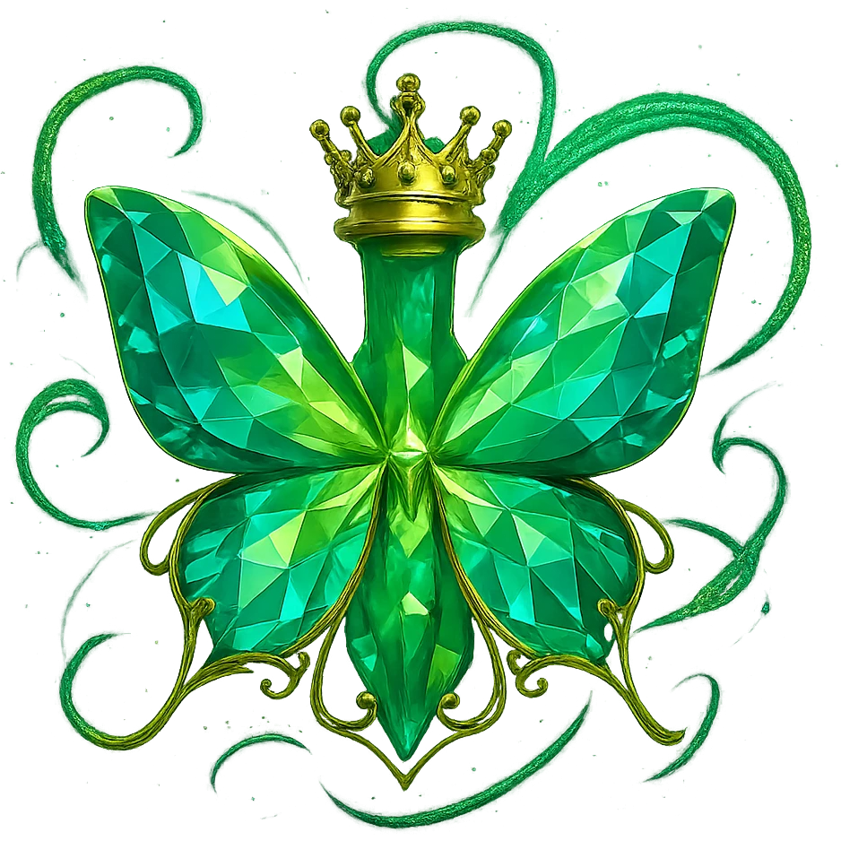 Add swirling, floating magical glowing and sparkling effects around the butterfly, similar to the luxurious magical energy effects seen on previous elixir bottles. The butterfly itself remains unchanged. Create a sense of luxury and magic with iridescent sparkles and glowing energy surrounding the butterfly. Transparent background, no shadow or base. emoji
