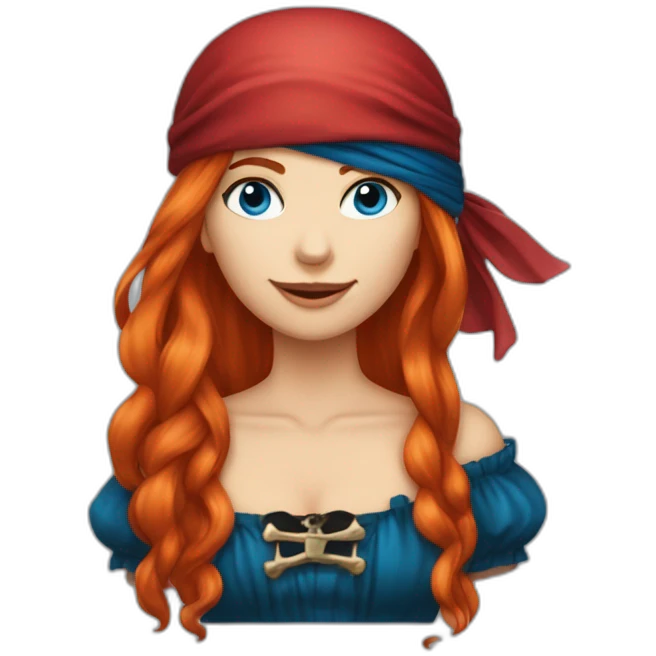 Woman long red platted hair hair only on one side of head, pirate hat. One side of head has no hair. Blue eyes. skull and crossbones t shirt emoji