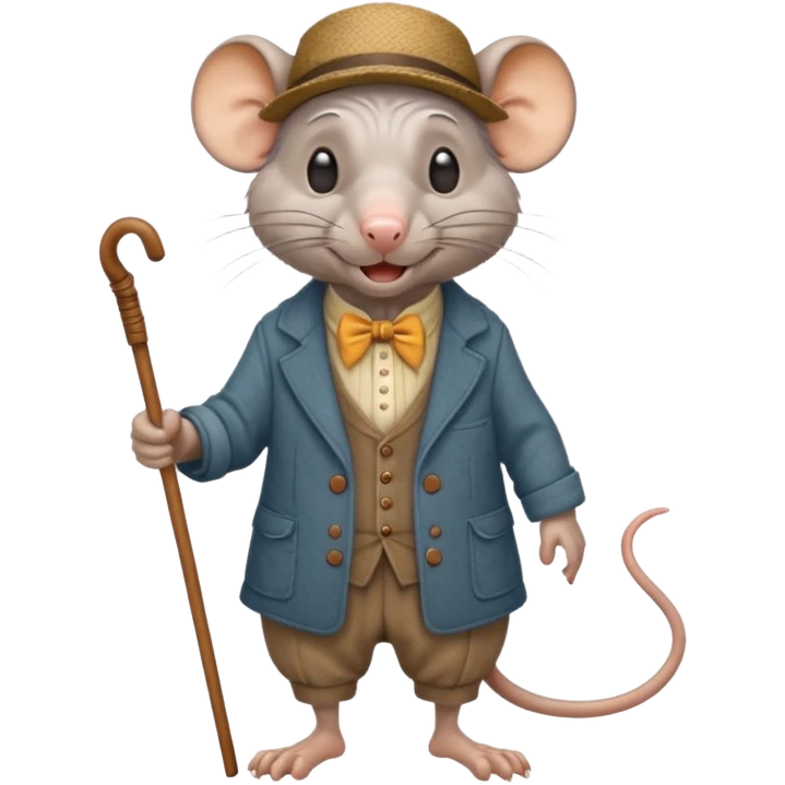 Old rat with wrinkles, happy, with old clothes and a cane  emoji