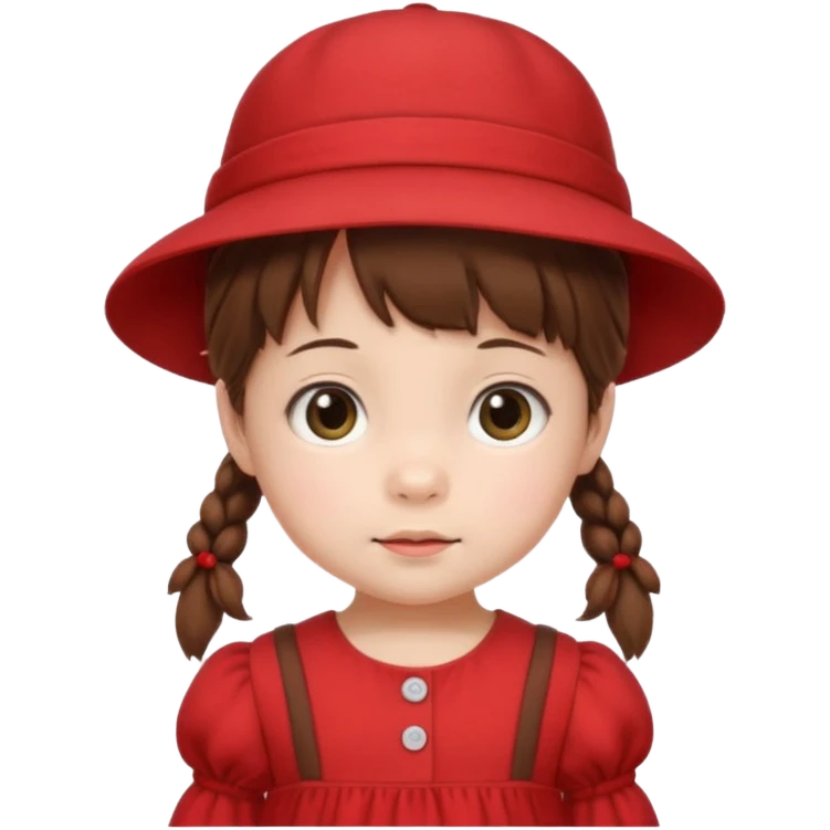 baby girl with brown hair and pigtails with red dress and a hat like My Neighbor Totoro movie emoji