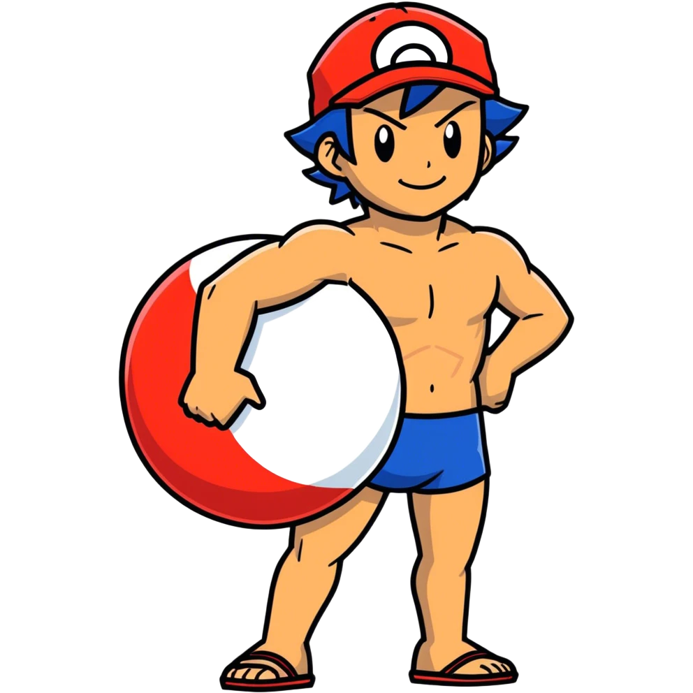 Hot handsome very muscular 6ft 5inch tall smiling happy fun shirtless Ash Ketchum coming out of a pokeball in short swimwear  emoji