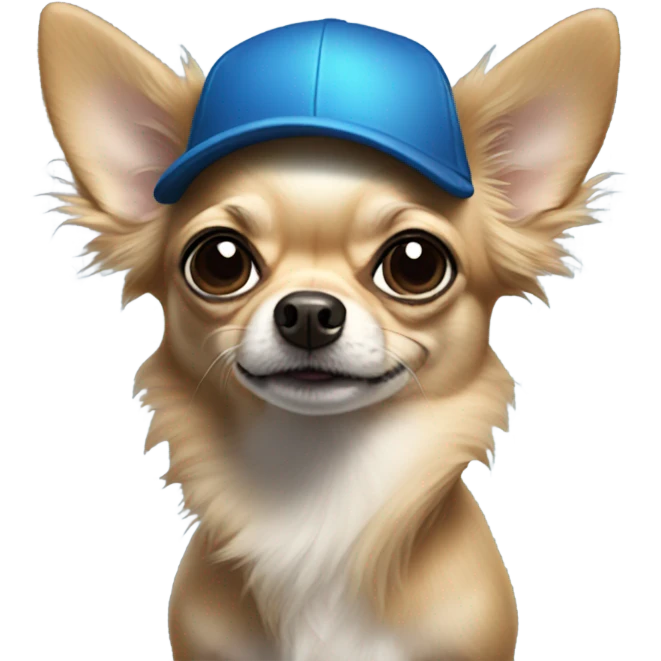 Chihuahua with long black hair held by old man with blue eyes goatee in ball cap emoji