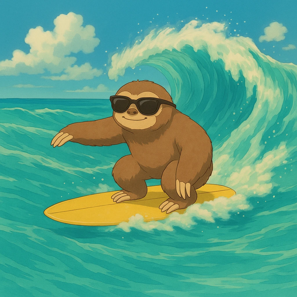 Add sunglasses to the sloth while surfing in ghibli style. emoji