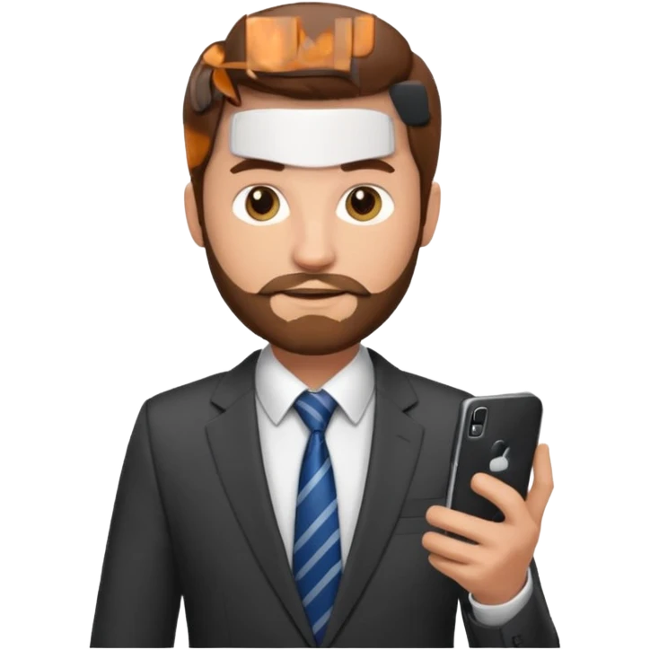 Escribano hombre con un poco de barba,  de traje con tez clara pelo color castaño, vestido con traje camisa y corbata y celular en mano .  emoji
